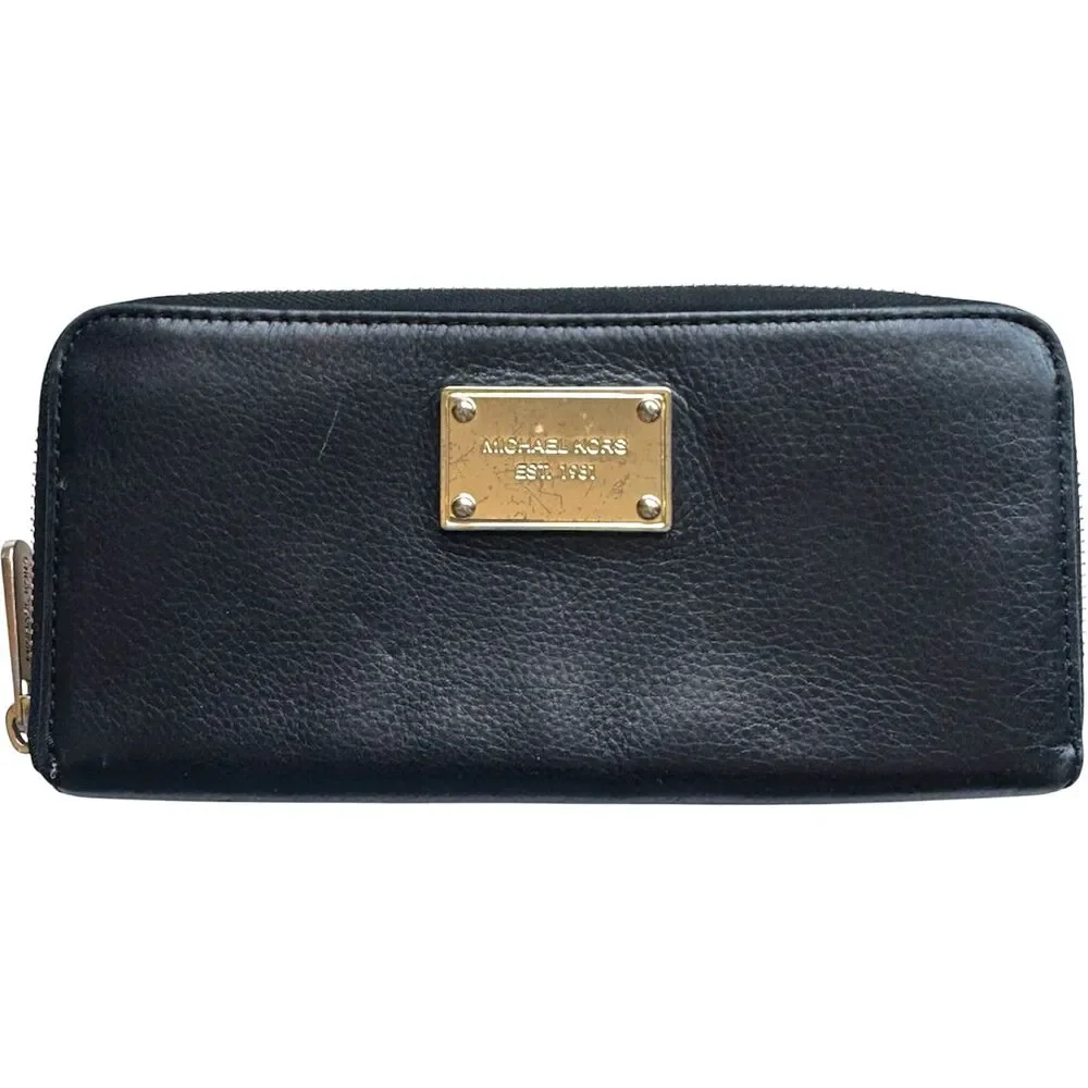 Michael Kors Black Leather Continental Zip Wallet Classic Gold Plaque Edition